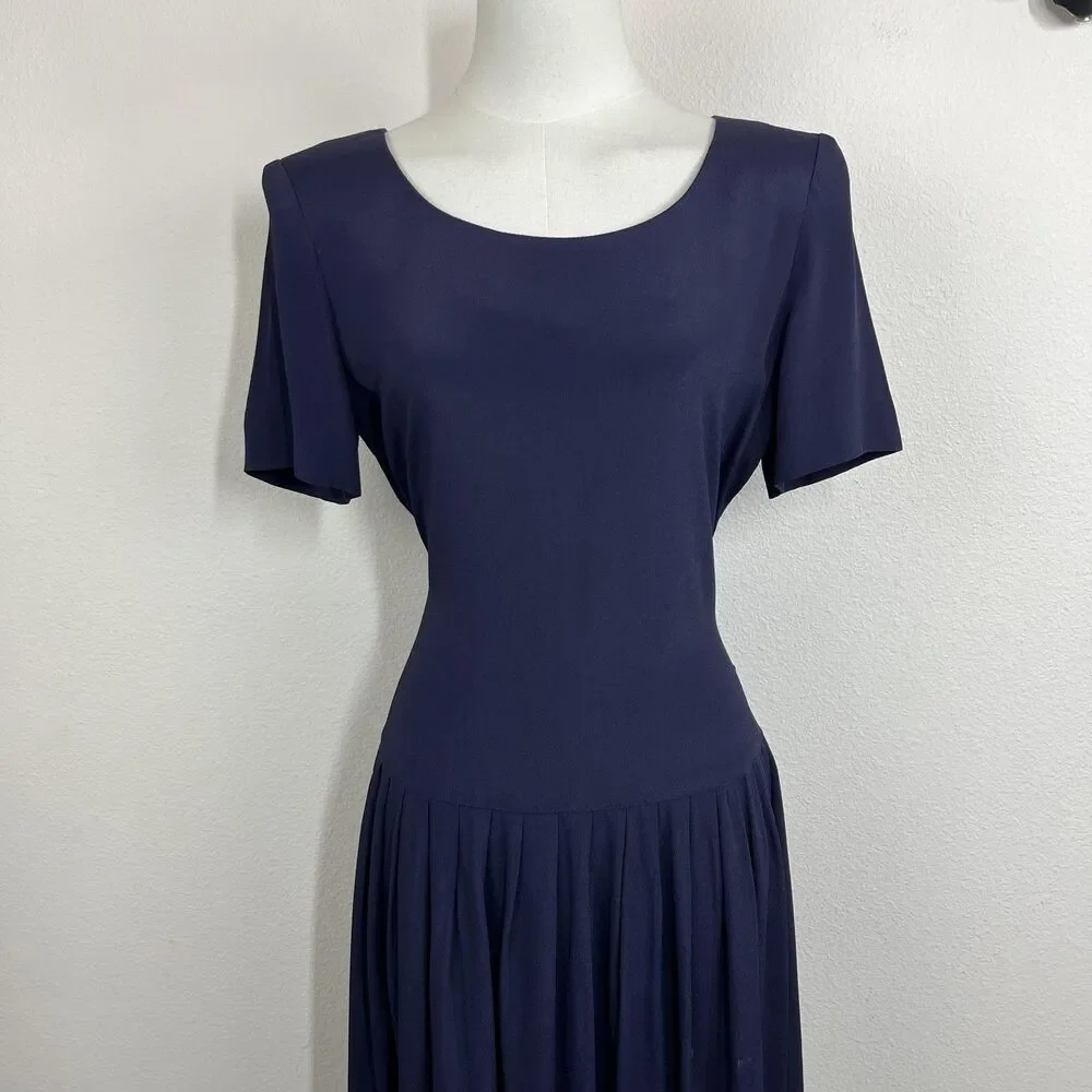 Vintage Donna Ricco Dress Womens 4 Blue Fit Flare Midi Bow 90s Party Wedding - Picture 3 of 9